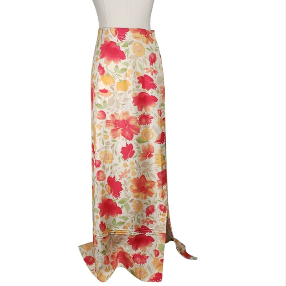 Linen Blend Bold Pastel Floral Maxi Side Button Slits Autumn Coastal Events Art